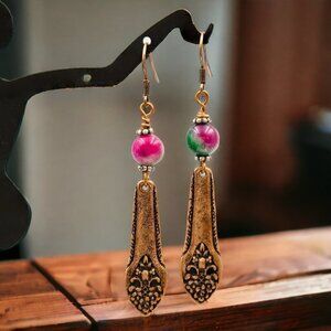 Antique Copper Filigree Drop Earrings With Beads